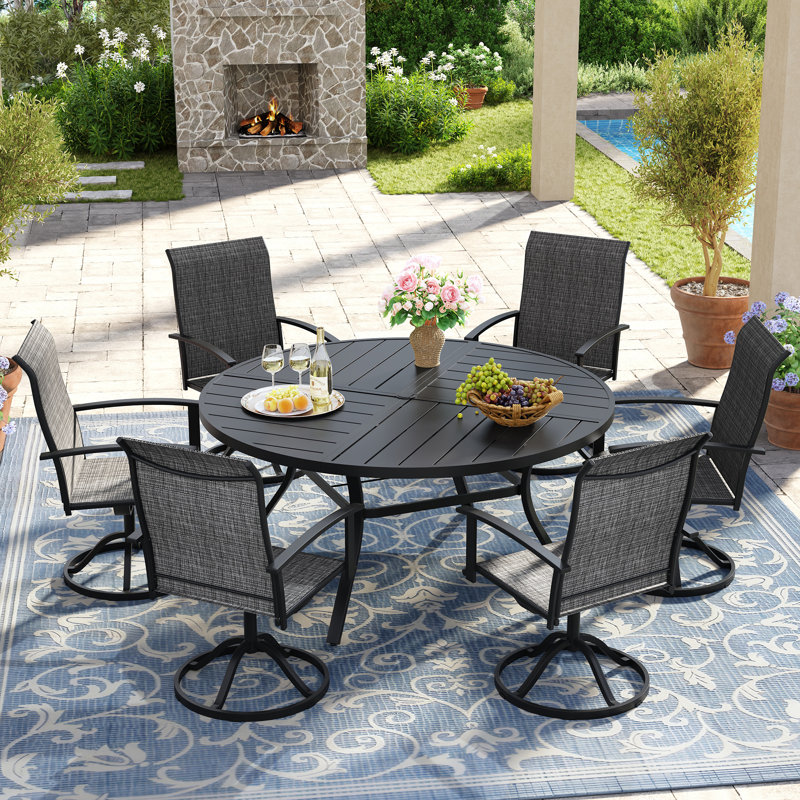 7-Pieces Round Patio Dining Set With Swivel PVC-coated polyester Chairs, Black