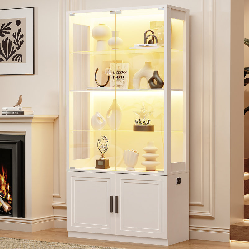 Vitrine 67 po avec portes en verre, vitrine à 4 niveaux avec 2 tablettes en verre amovibles, vitrine pour objets de collection, blanc