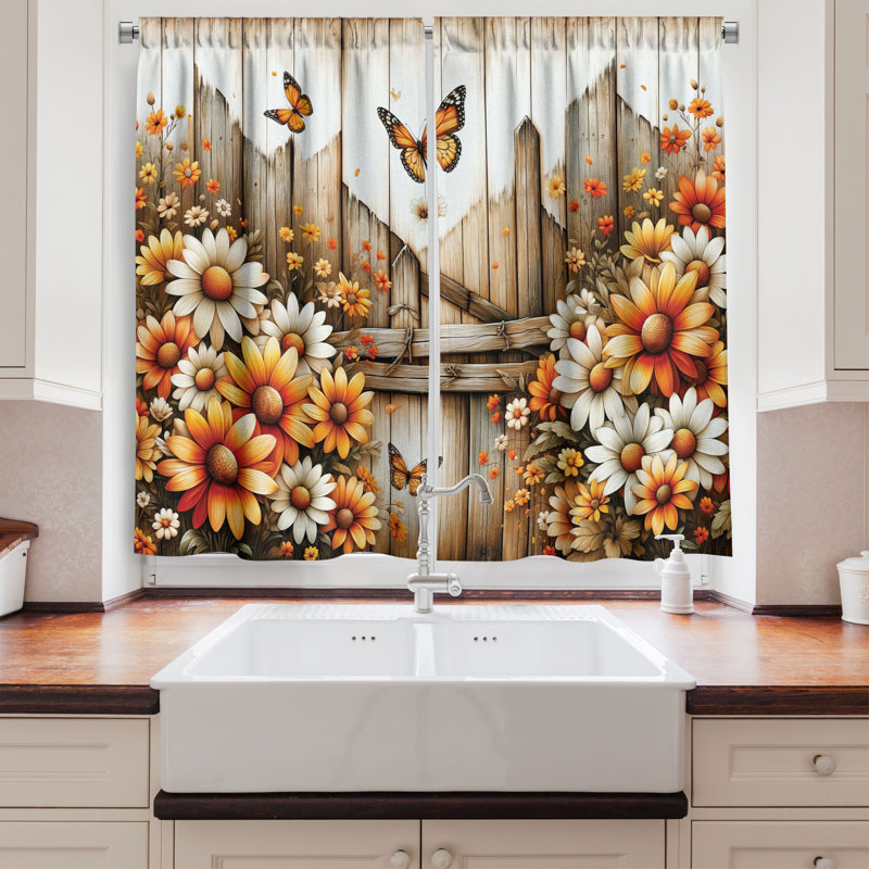 Rustic Floral and Butterfly Kitchen Window Tier Curtains, 55" x 30", Polyester