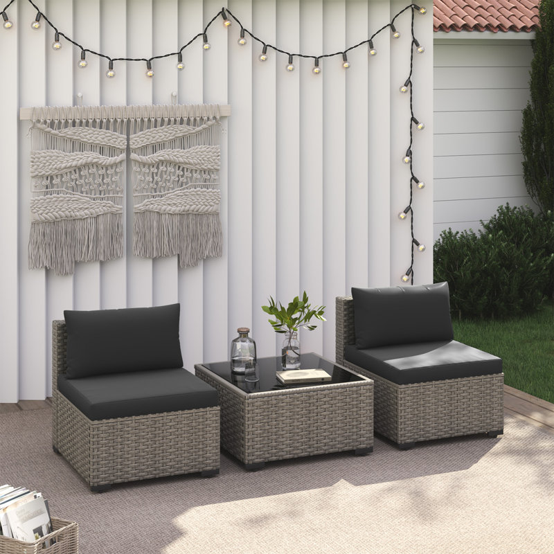 2-Person Outdoor Wicker Sofa Set With Cushion, Black