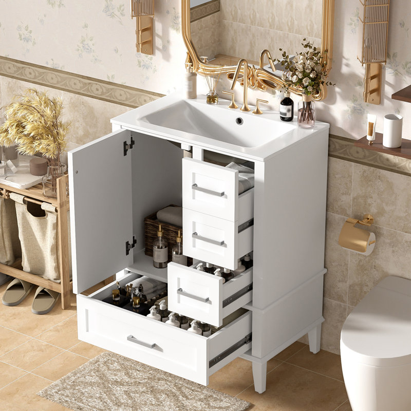 24.8" Bathroom Vanity With Ceramic Sink, Modern Freestanding Cabinet Featuring Soft-Close Door, Deep Drawer, Shallow Drawer & Wide Drawer For Space-Saving Storage