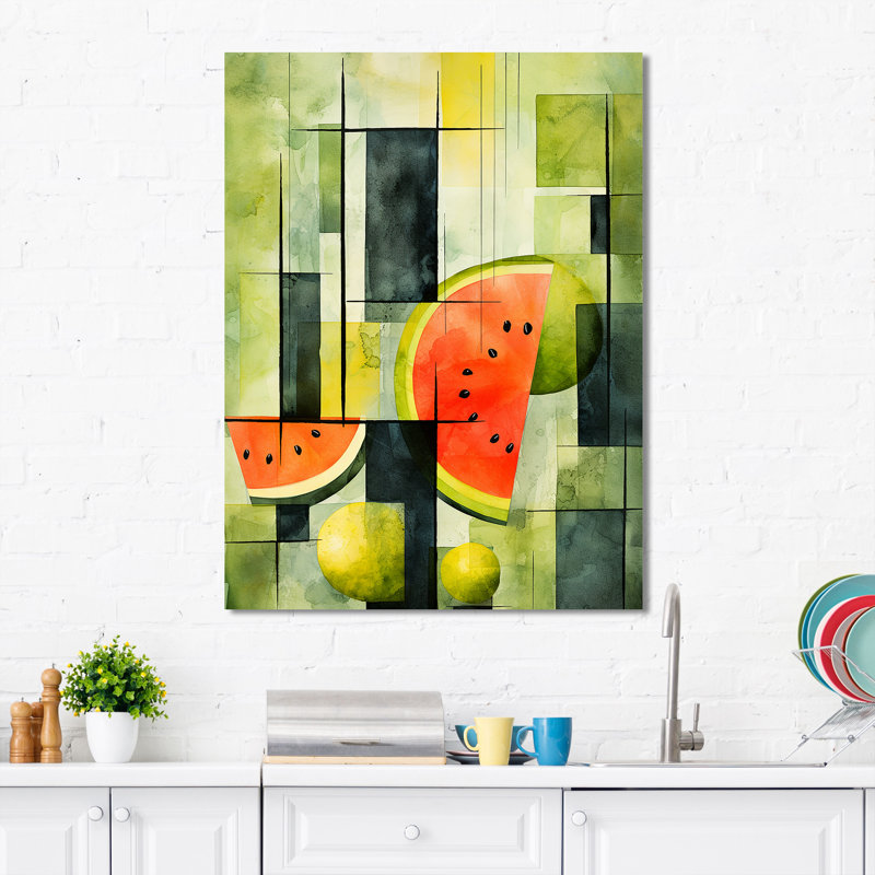 Cubique vert pastèque, motif 2 - Melon, art mural, H 44 po x l 34 po x P 1,5 po
