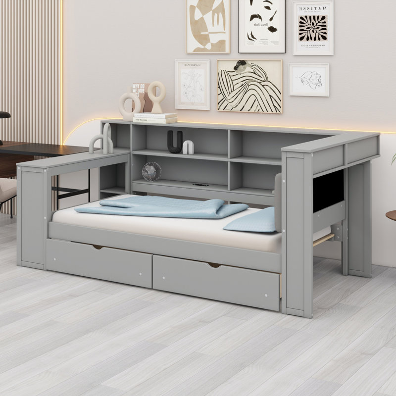 Wood Platform Bed With Storage Shelves, Drawers, Charging Station, LED, Desk And Upholstered Headboard, Twin, Gray