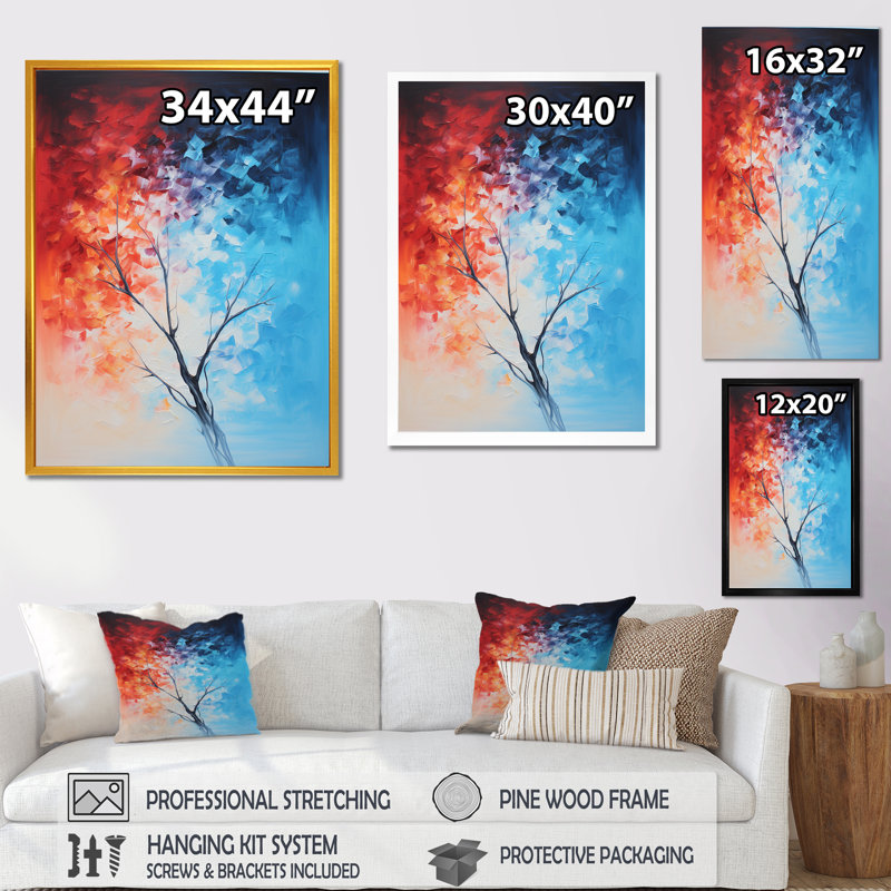 Feu et glace Tachisme arbre III - art mural tachisme, H 40 po x l 30 po x P 1,5 po, Cadre doré simple