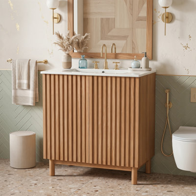 Meuble-lavabo traditionnel de 29,9 po avec lavabo en céramique, pieds en bois massif, tablette ajustable en U en MDF et portes à fermeture en douceur, armoire de rangement peu encombrante