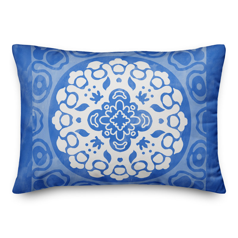 Outdoor Reversible Throw Pillow, Blue, Floral 1