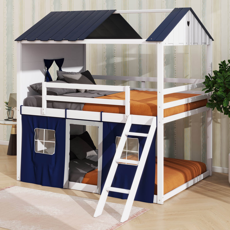 Kobart Bunk Wood House Bed with Elegant Windows, Sills and Tent, Twin, Navy/White