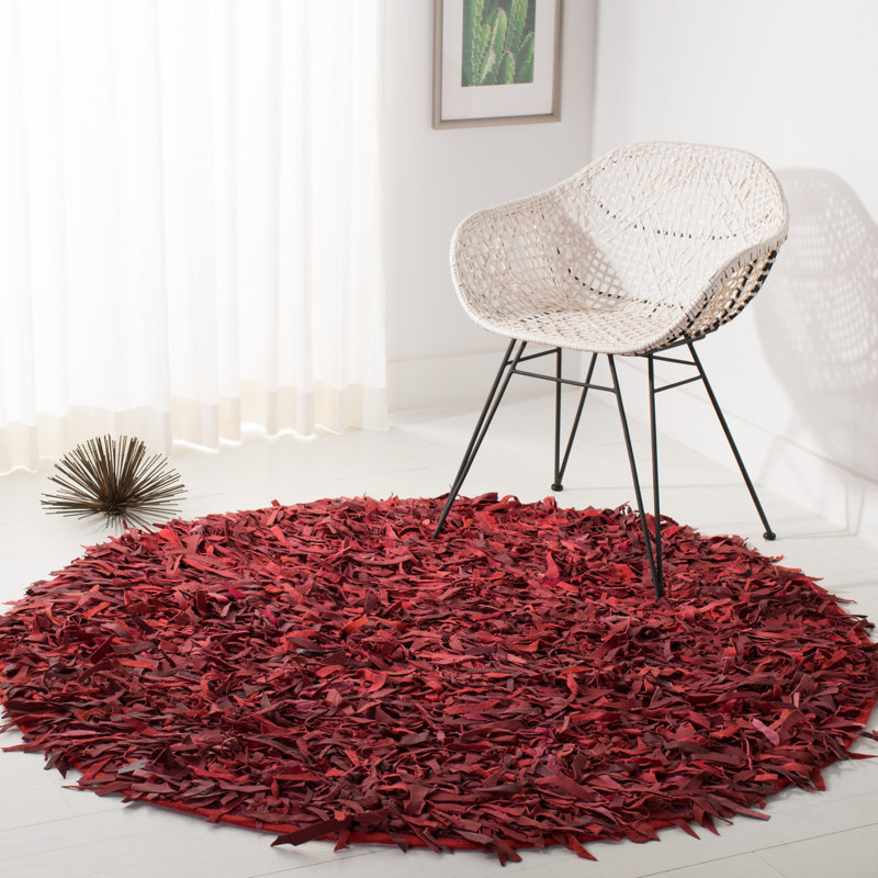 Arik Handwoven Leather/Cotton Solid Color Rug in Red, Round 5'