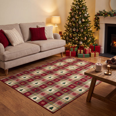 Tapis d'été à carreaux antidérapant à carreaux rouge vert et or à l'intérieur de la maison de la salle à manger de la salle à manger, vestibule et couloir de Noël