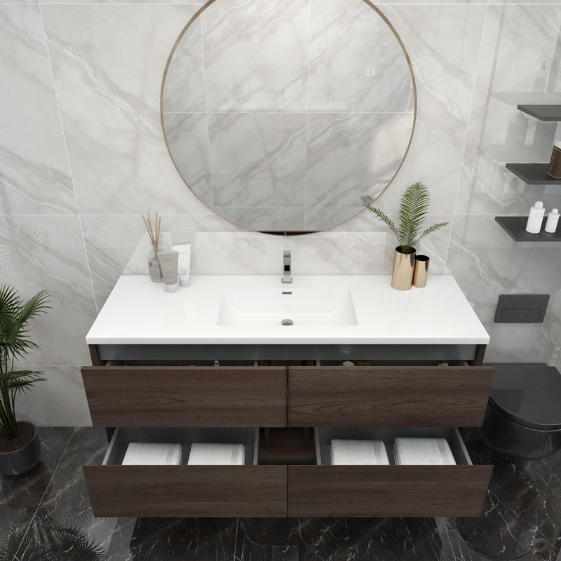 60'' Single Bathroom Vanity with Acrylic Top, Red Oak