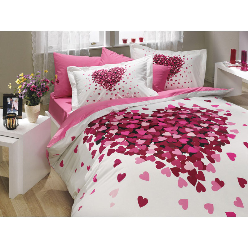 Ensemble de housse de couette 100% coton 3 pièces Hofmann, Rose / blanc