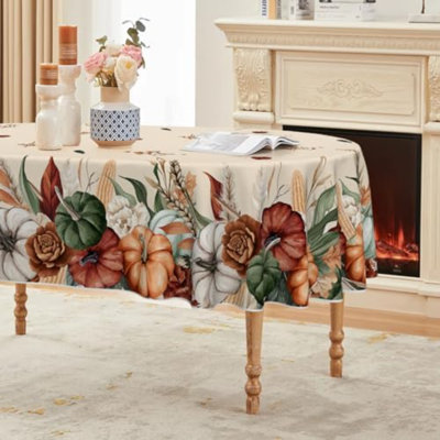 Nappe ovale automnale 152 x 213 cm, motif floral et citrouille.