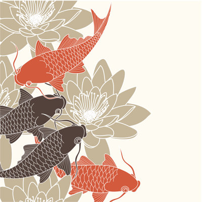 " Brown And Orange Illustration Of Koi Carp And Water Lilies " by Embra