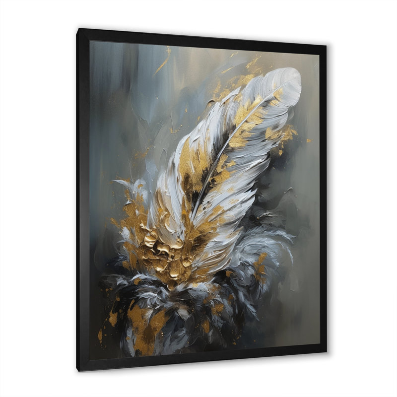 Rossing " Gold Boho Chic Feathers IV ", Black Picture Framed, 20" H x 12" W x 1" D