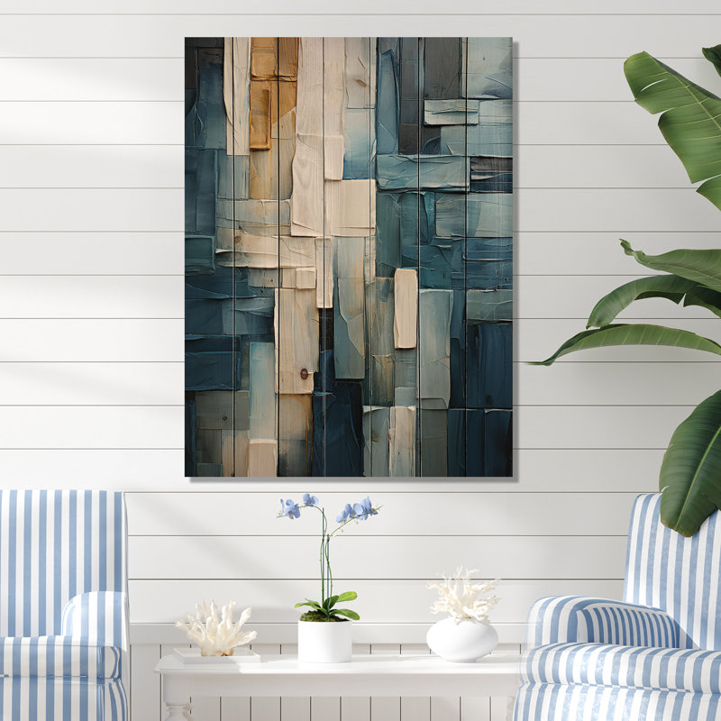 Formes nautiques bleues et blanches IV - Minimalisme côtier sur bois, H 20 po x l 10 po