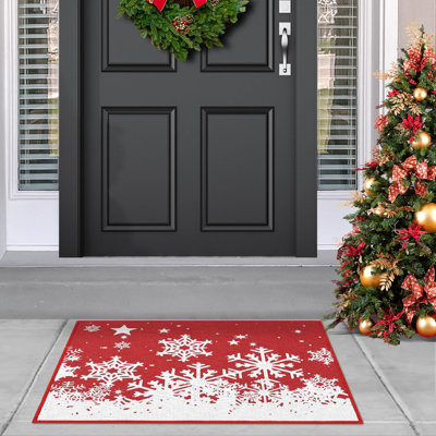 Tapis de porte enneigé rouge sur le thème de Noël - Tapis de bienvenue hivernal 43 x 74 cm pour porche d'entrée - Antidérapant, anti-peluches, résistant aux taches - Tapis intérieur/extérieur pour les fêtes (Décoration intérieure)