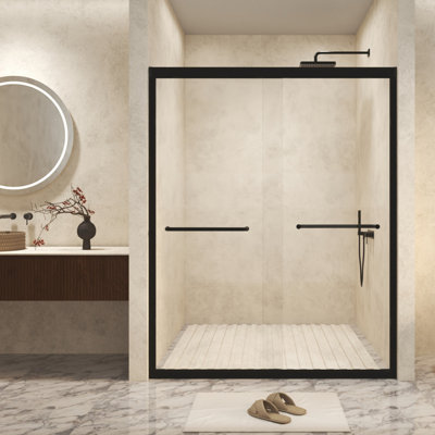 44-48" W × 72" H Tempered Glass With Explosion Proof Film, Aluminum Frame Double Sliding Shower Door, "1/4 (6 Mm), Stainless Steel Handle,