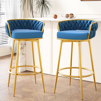 De 2 tabourets de bar à hauteur de comptoir de 31,5 po, bleu, tissé à la main, pieds en métal doré, 180 sièges pivotants, rembourrage en mousse pour les tabourets de salle à manger et de cuisine 2, repose-pieds, chaise rembourrée