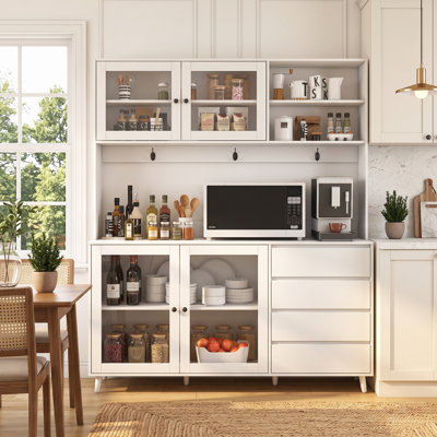 63" Wide Kitchen Pantry Cabinet with Microwave Countertop, Glass Doors and 4 Drawers