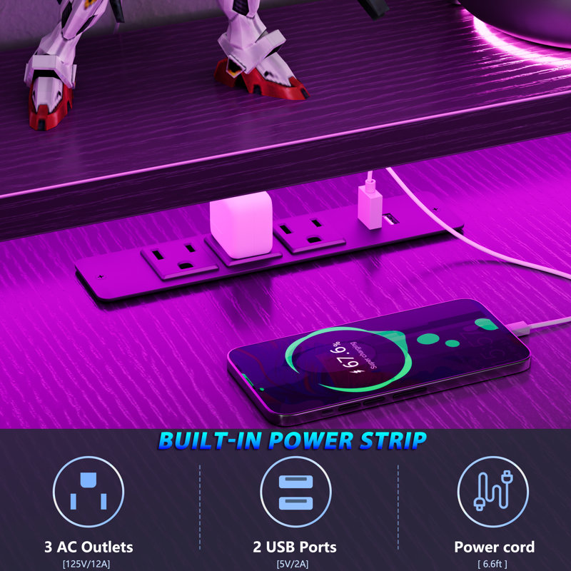 Bureau de jeu en forme de L avec éclairage DEL et prises électriques, bureau d'ordinateur avec tiroirs et support pour imprimante