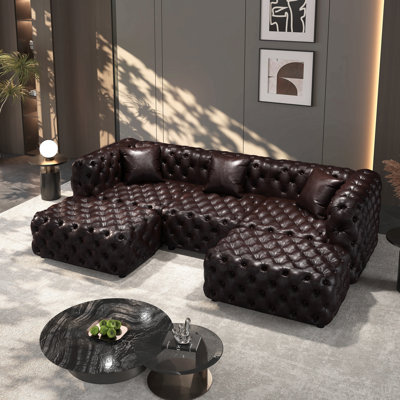 Ensemble de canapé moderne 105,7 po, canapé modulaire rembourré 3 places en similicuir avec conception touffetée à la main pure, 2 repose-pieds et 3 coussins, combinaison multiple pour le salon