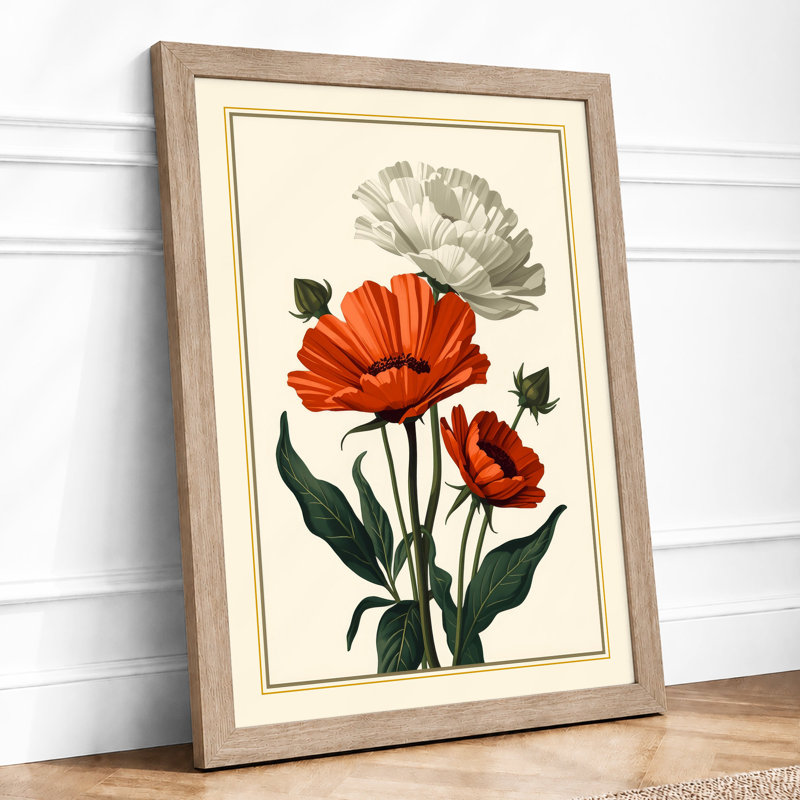 Three Gerbera Bloom Botanical - Framed Print, A1 - 84.1 x 59.4 cm, Oak