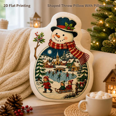 Vintage Snowman Winter Village Pillow Christmas Gift 2D Flat Printing Shaped Stuffed Throw Pillow Decorative Cushion for Bedroom Sofa Christmas Party Gift And Holiday Decor 60cm