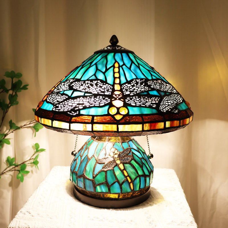 Stained Glass Dragonfly Table Lamp With A Lit Base