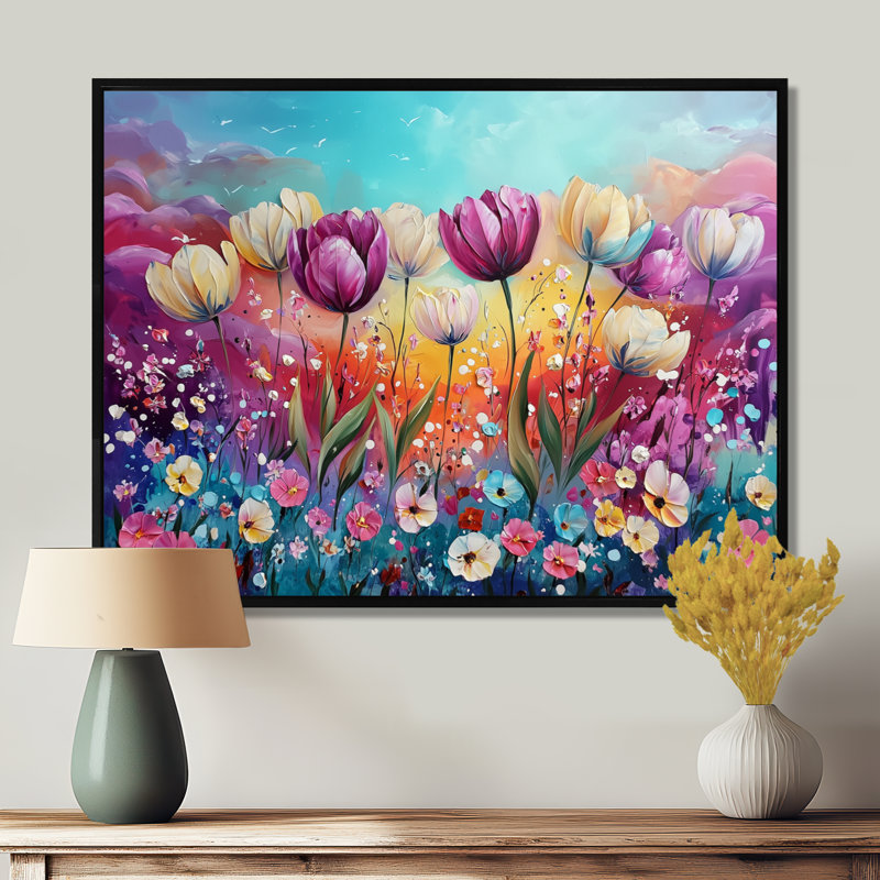 Inisha fantaisie lavande et tulipes champ I - tulipes, art mural sur toile, H 12 po x l 20 po, Impression encadrée flottante