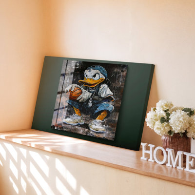 Dessin de canard basketball graffiti urbain avec espadrilles, impression sur toile pour le salon, la chambre à coucher, le bureau, le couloir, le vestibule, le mur de la galerie et la décoration intérieure moderne
