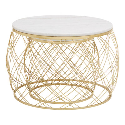 Set Of Two Side Tables With White Marble Top And Gold Frame