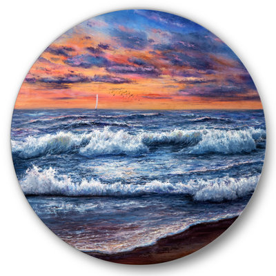 Coucher de soleil sur l'océan bleu II - art mural nautique et côtier en cercle métallique