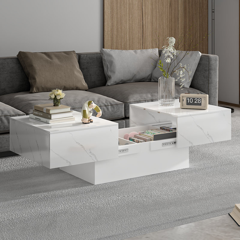 Rectangle Coffee Table with Sliding Table Top, Modern Coffee Tables for Living Room, White