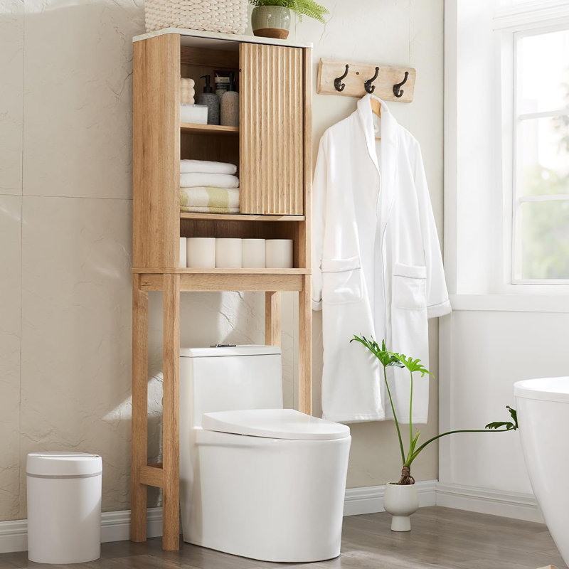 Riccio Freestanding Over The Toilet Storage Cabinet with Sliding Fluted Door Adjustable Shelf, Oak
