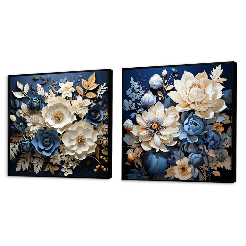 Ensemble de 2 collages de fleurs bleues et blanches saisonniers, Cadre flottant noir, H 16 po x l 33 po