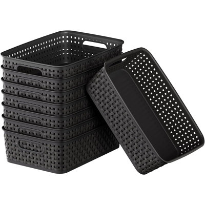 8-Pack Black Plastic Baskets With Handles | Woven Storage Bins For Organizing Cabinets, Closets, Shelves & Countertops | Home Organization