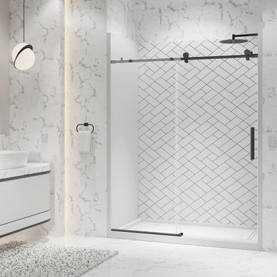 Porte de douche coulissante sans cadre de l 48 po x H 74 po Eclipse en noir mat avec verre transparent épais de 3/8 po (10 mm)
