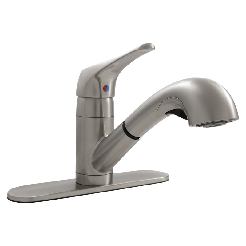 FlowCurve 8 in. Centerset 1-Handle Pull-Out Sprayer Kitchen Faucet with Deckplate in Brushed Nickel