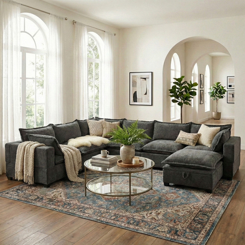 117.5" Wide Oversized 7-Seater Chenille Sectional Sofa with Storage Ottoman, Grey