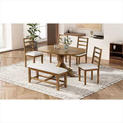 Ensemble de salle à manger extensible 6 pièces avec banc, bois d'hévéa massif, sièges rembourrés beiges, table ronde de 60 po, ton brun