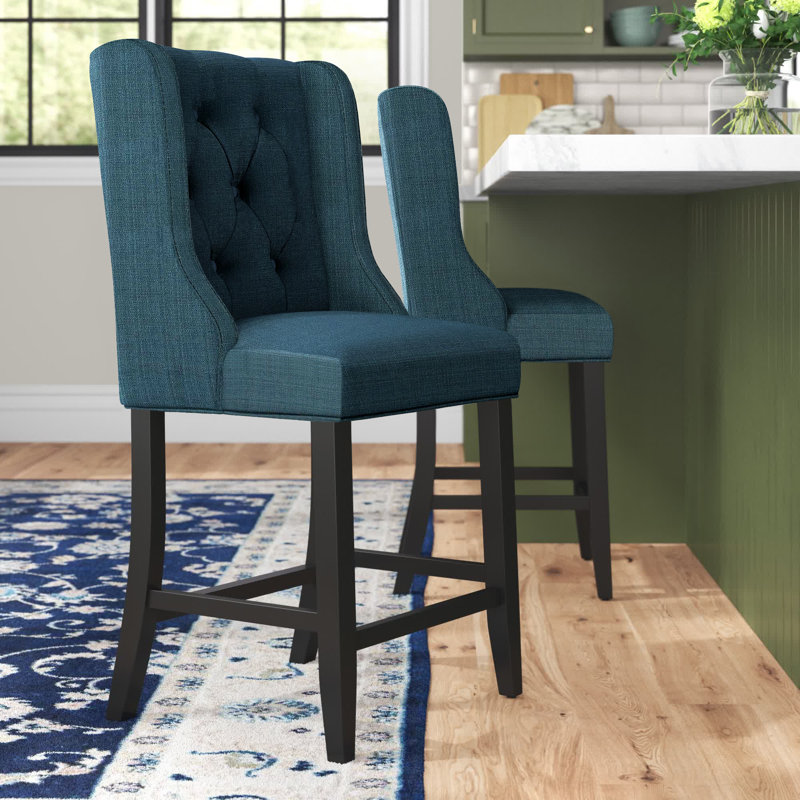 Tabouret capitonné en tissu Baronet, Azur, Tabouret de bar (hauteur de 26,5 po), 2