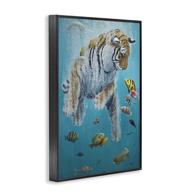 Swimming Tiger Among Fish Framed Giclee, design by Heather Gauthier, Midnight Black Framed Giclee, 18" H x 12" W