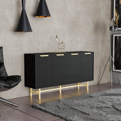 Modern Black Console Table with Numerous Shelves, 57.0 x 31.1 x 13.8 inches | 100% Melamine Coated Chipboard, Wall-Mountable Design, Sturdy Legs Height: 7.5 inches | Ideal for Living Room, Entryway & Home Decor