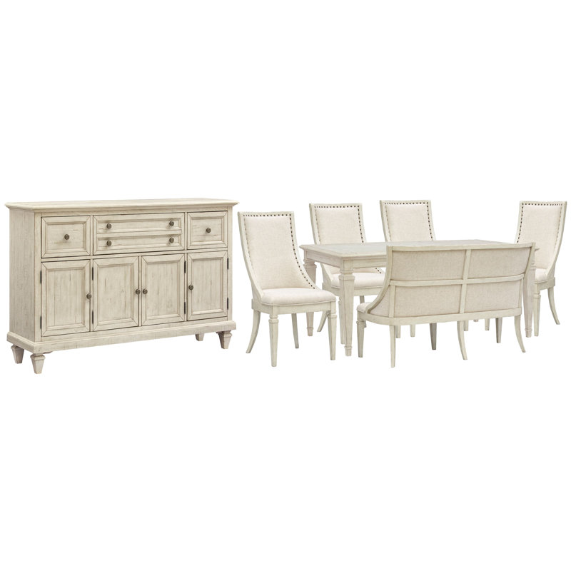 Extendable Rectangular Dining Table With 4 Arm Chairs Upholstered Bench And Buffet, 7 Pcs: Table, 4 Chairs, Buffet, Bench