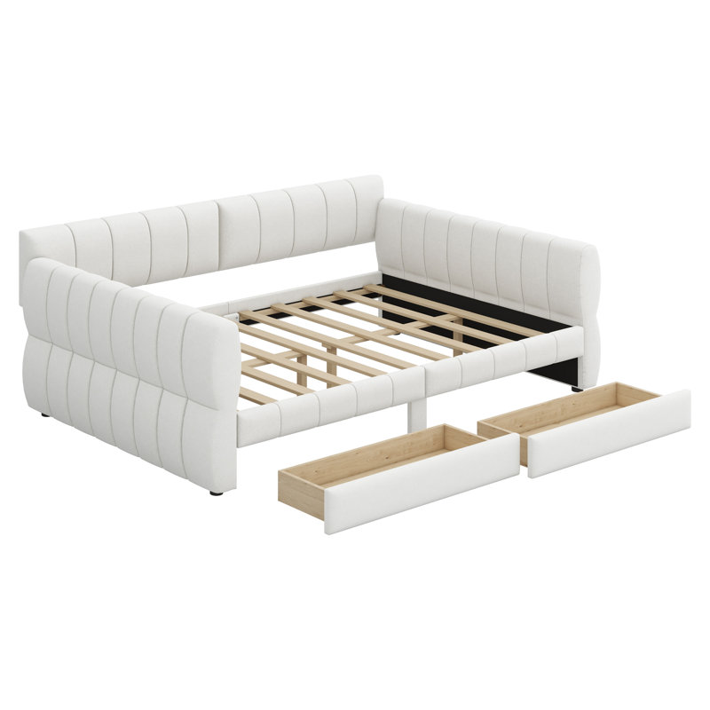 Upholstered Platform Bed With USB And 2 Drawers, White