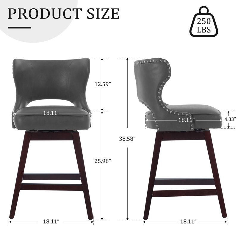 26" Solid Wood Swivel Counter Stool, Gray, 2