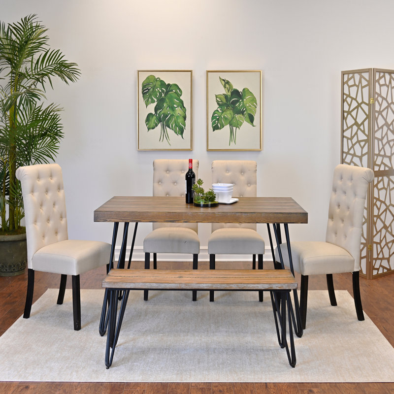 Ensemble de salle à manger 6 pièces: table en épingle à cheveux et 4 chaises + banc, Beige