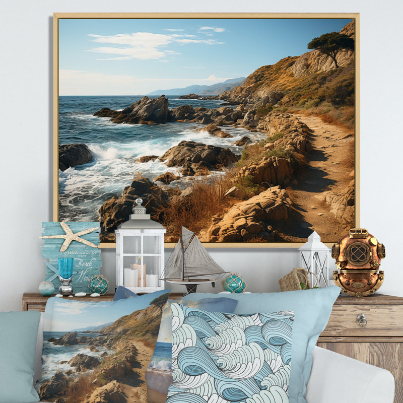 Rocky Beach Coastal Stroll - Nautical & Beach Canvas Art Print, Cadre naturel flottant, H 34 po x l 44 po x P 1,5 po
