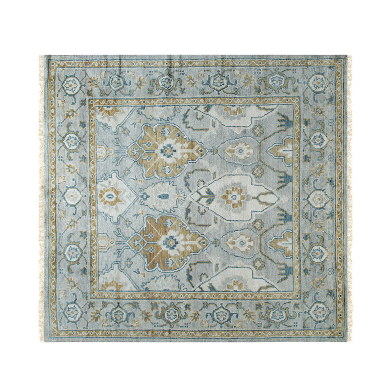Tapis gris contemporain à motif géométrique en laine noué à la main gris à motif de rosettes, 12 pi x 15 pi