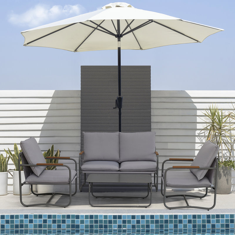 Ensemble de mobilier d'extérieur 4 pièces avec coussins profonds amovibles et lavables, Gris